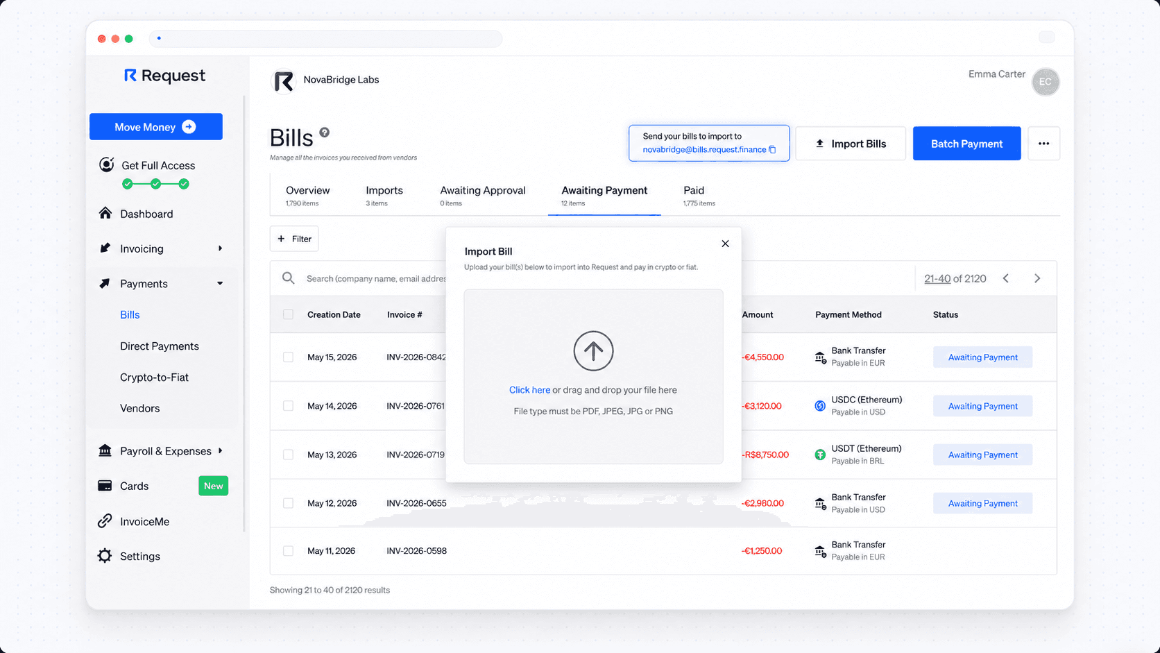 Every bill, in one place, Request Finance